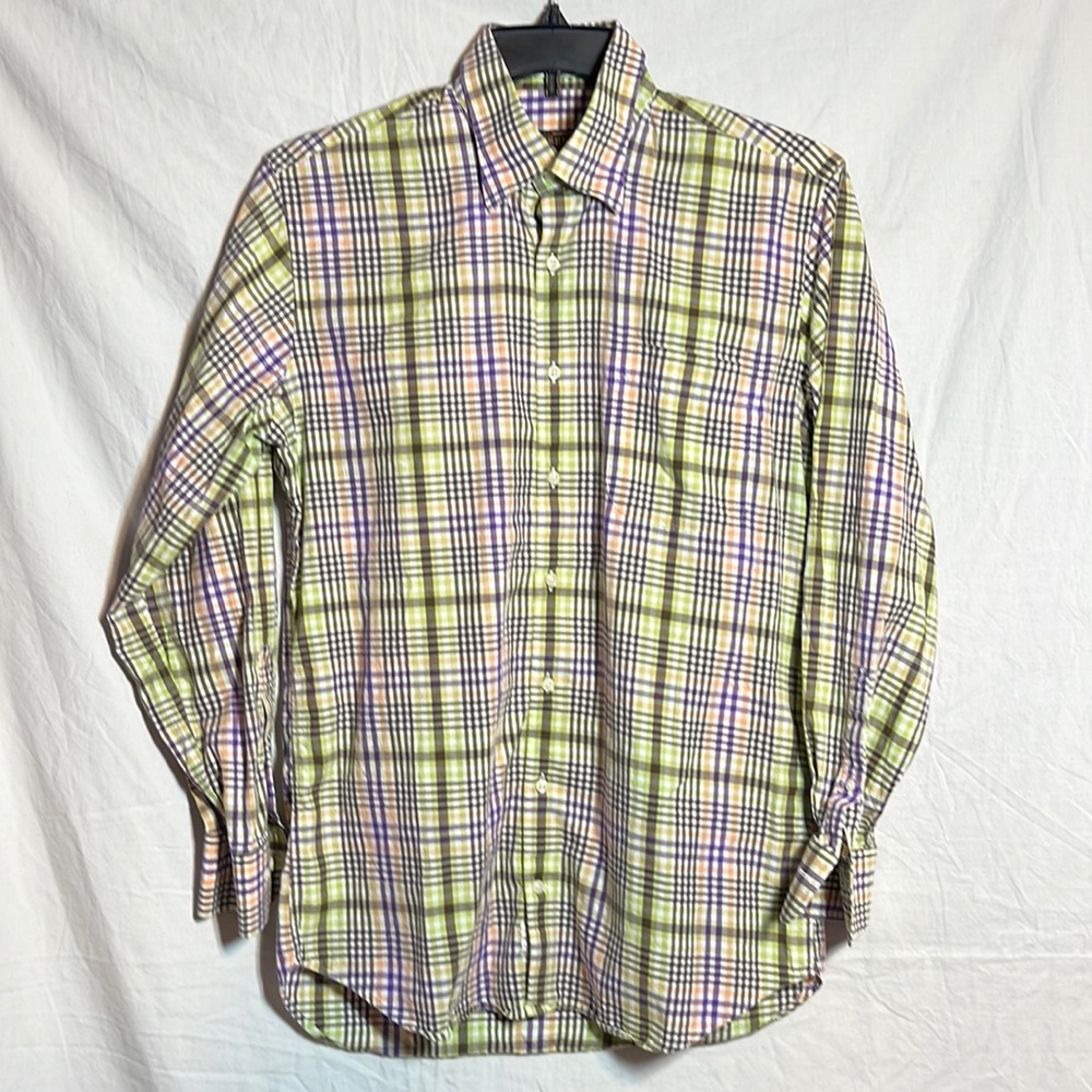 Patrick James Reserve Dress Shirt Medium Plaid Purple Brown Lime M Long Sleeve